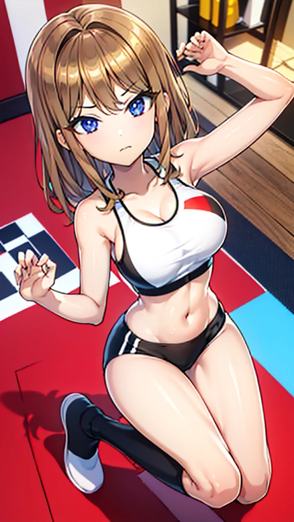 (Sports bra), (Tight leggings), (Character: on a yoga mat), (Character pose: Bow-legged), (Large room),Girl 1, (Character: Full Body), Body:/, Enhanced Body Lines, (Perfect Hands), (Perfect Anatomy), (Perfect Body Structure), (2 Arms), (2 Legs). Quality:/,  character:High image quality, Masterpiece, Character:High Quality, Best Quality, Character:High Resolution, Perfect Pixels, Saturation:/, Studio Lighting, Sharp Focus, Bright Colors, Portrait, Warm Colors, Soft Lighting.