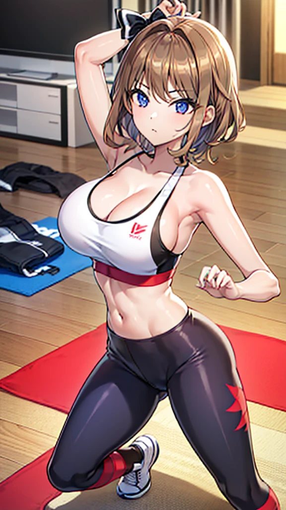 (Sports bra), (Tight leggings), (Character: on a yoga mat), (Character pose: Bow-legged), (Large room),Girl 1, (Character: Full Body), Body:/, Enhanced Body Lines, (Perfect Hands), (Perfect Anatomy), (Perfect Body Structure), (2 Arms), (2 Legs). Quality:/,  character:High image quality, Masterpiece, Character:High Quality, Best Quality, Character:High Resolution, Perfect Pixels, Saturation:/, Studio Lighting, Sharp Focus, Bright Colors, Portrait, Warm Colors, Soft Lighting.