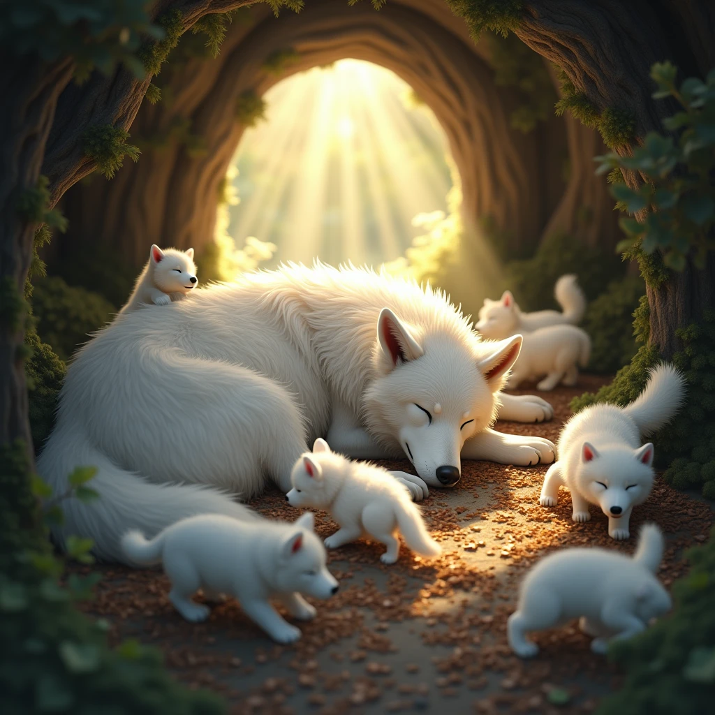 White Wolf is sleeping, little white wolves are playing around her, 