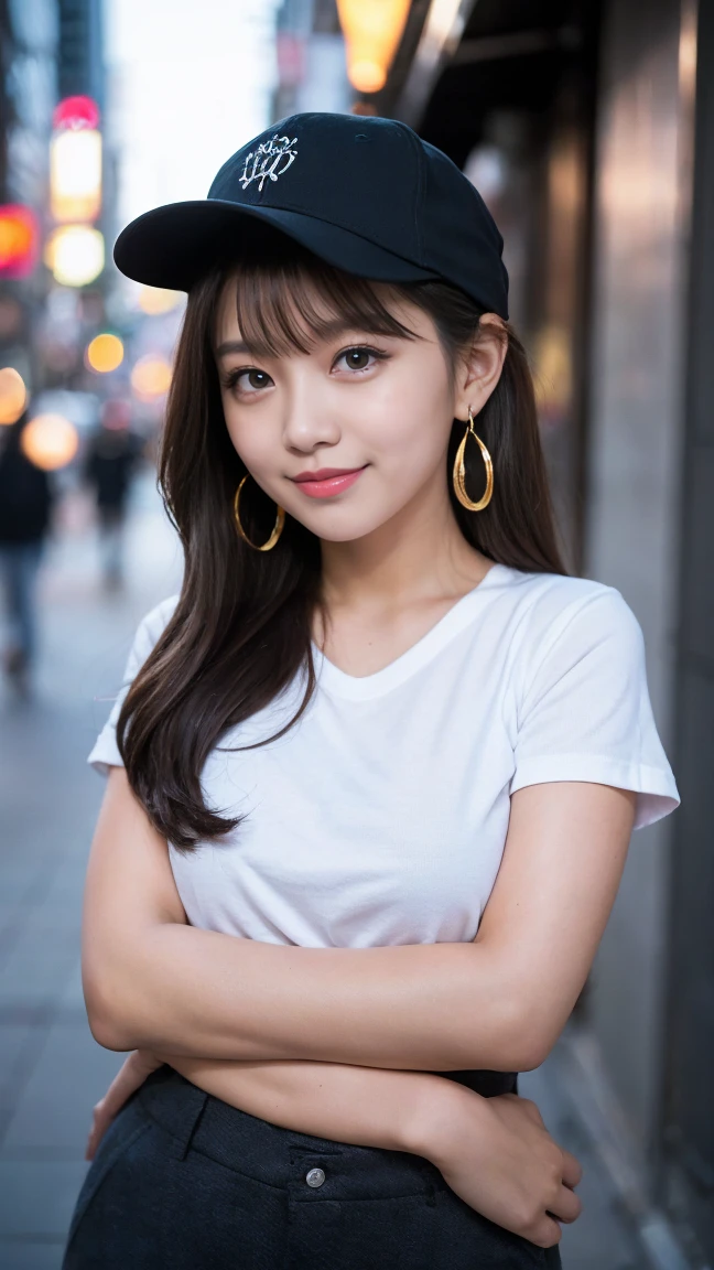 1 girl, Tokyo Street, night, Streetscape,City lights, Simple Background, Upper Body, close, smile, (8k, RAW Photos, Highest quality, masterpiece:1.2),(Realistic, photo-Realistic:1.37), (Beautiful and detailed eyes), Stylish girl, (smile), Baseball cap, Earrings,(Loose cargo pants), Exposed thighs, かわいいsmile, ((Very detailed)), (Beautiful and detailed eyes), かわいいEarrings, (Please tilt your head a little)