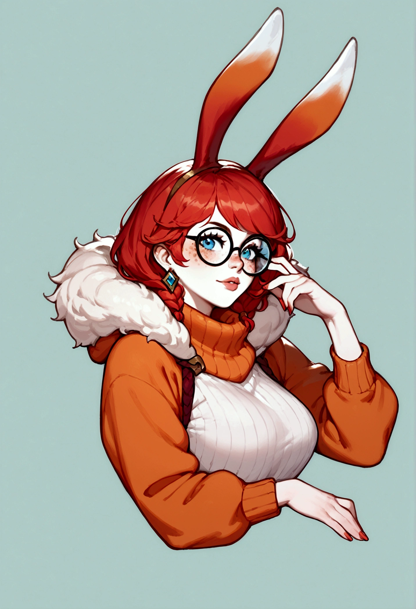 score_9, score_8_up, score_7_up, Aurora (league of legends), 1 girl, red hair, blue eyes, bunny ears, round glasses, freckles, Scooby Doo Velma cosplay, sexy, full body, earrings, long eyelashes, sexy, big bust, beautiful face,