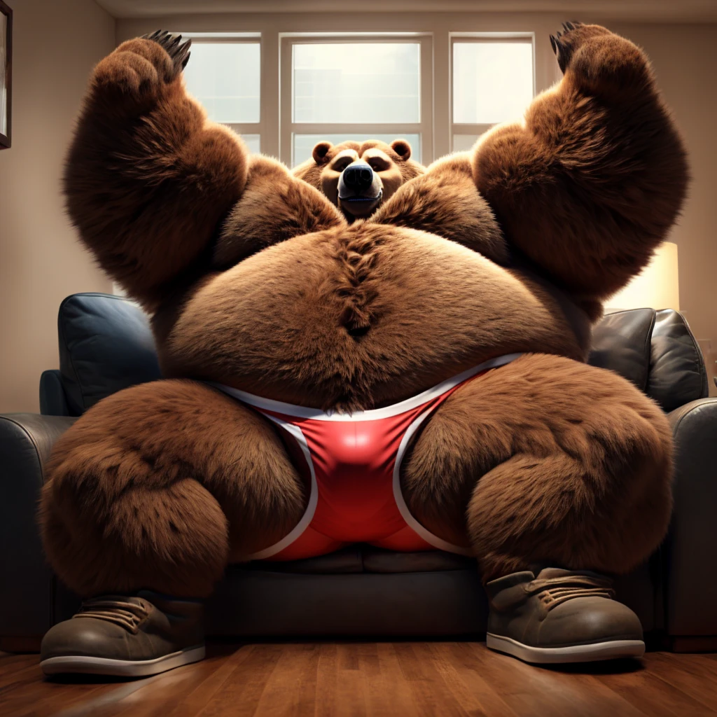 Fat Huge 550 Pounds Daddy Furry(Beast Grizzly Bear) Big Belly, and Large Chunky body and wearing Shoes, Sitting on the Sofa, His Belly is Bigger, Huge, Fat, Chunky, Furry, Big, and Massive, Have his arms up and wants a Hug and hes wearing underwear