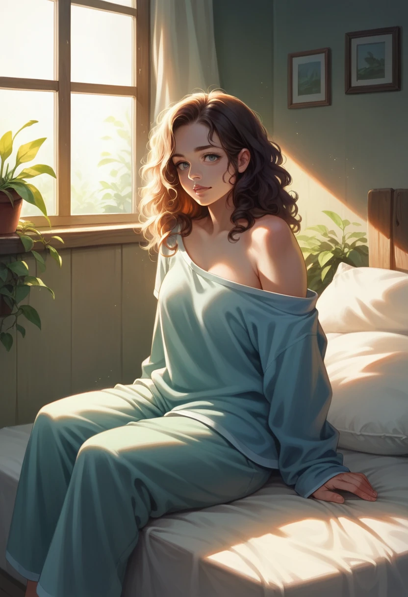 Animes girl, laying on bed, wearing loose off-shoulder top, pajama pants, long curly hair, indoors, soft lighting, plants in background, window with sunlight, cozy room, relaxed pose, realistic, intricate details, warm colors