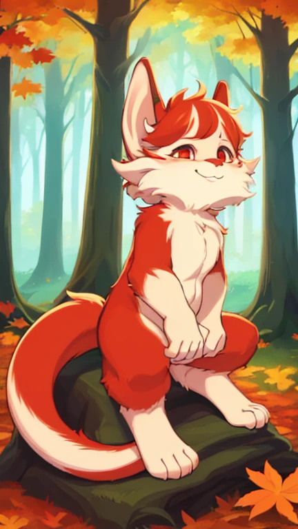 (Snarf, big tail, red eyes, red nose,  furry,), highly insanely detailed, masterpiece, top quality, best quality, highres, 4k, 8k, RAW photo),((innocent look)),((Childish)),From the front, symmetrical composition,smile,cute,Innocent,Kind eyes,Flat chest,digital art Style, forest, autumn, (SnarfCatOsbertYI),front view, chibi