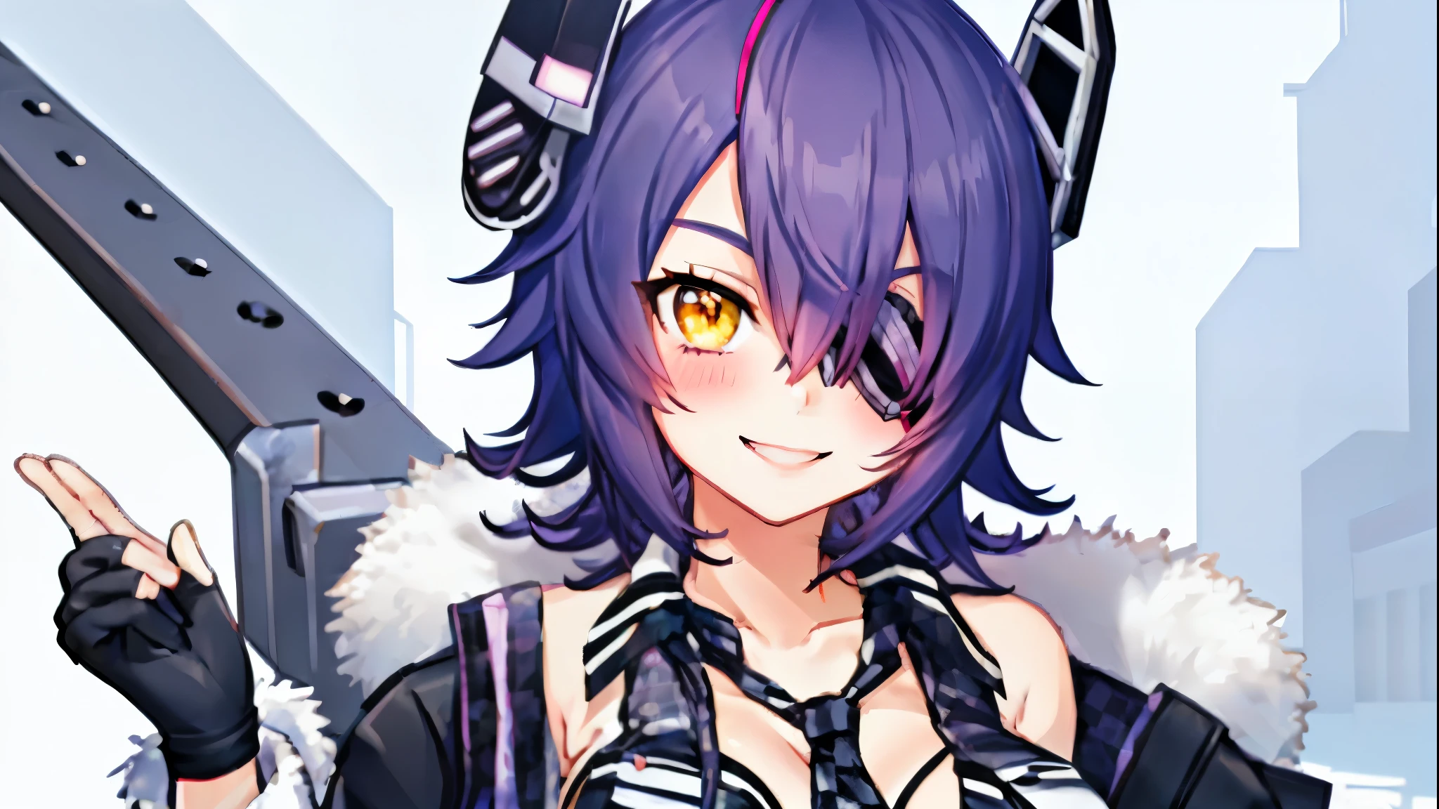 lolita、one girl、purple hair、headphones、pop、close face、Icon-like、Solid background