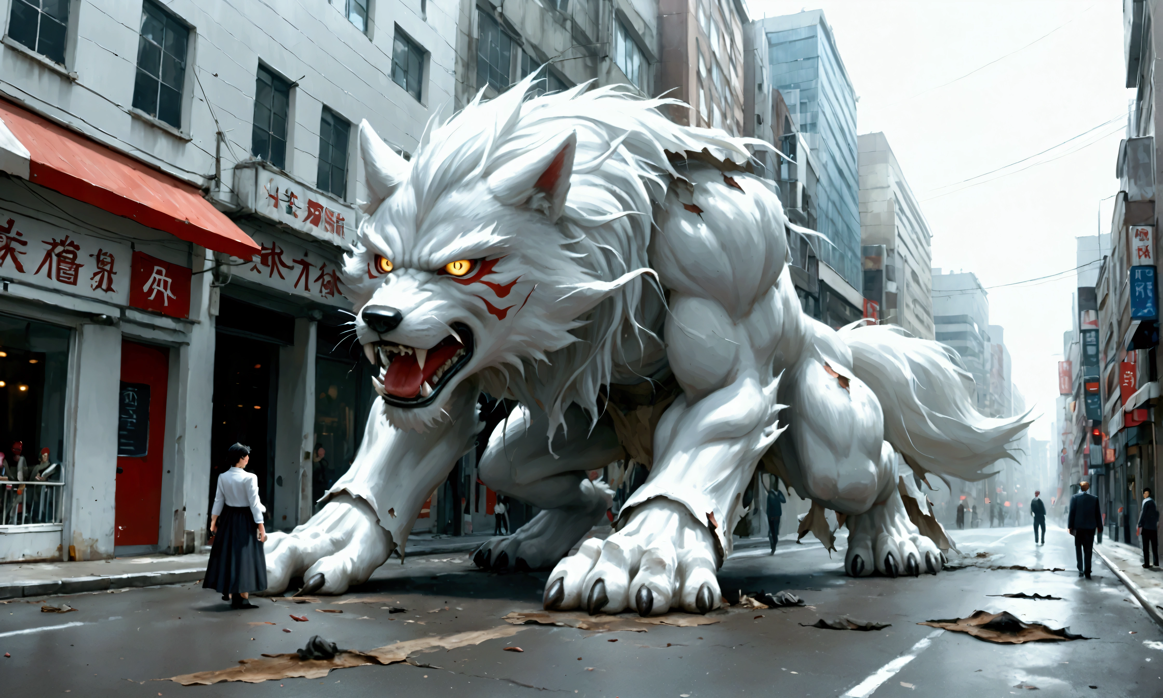 A (giant, white wolf monster) snarls at a Gundam, they are the same height, damaged streets of Neo Tokyo
