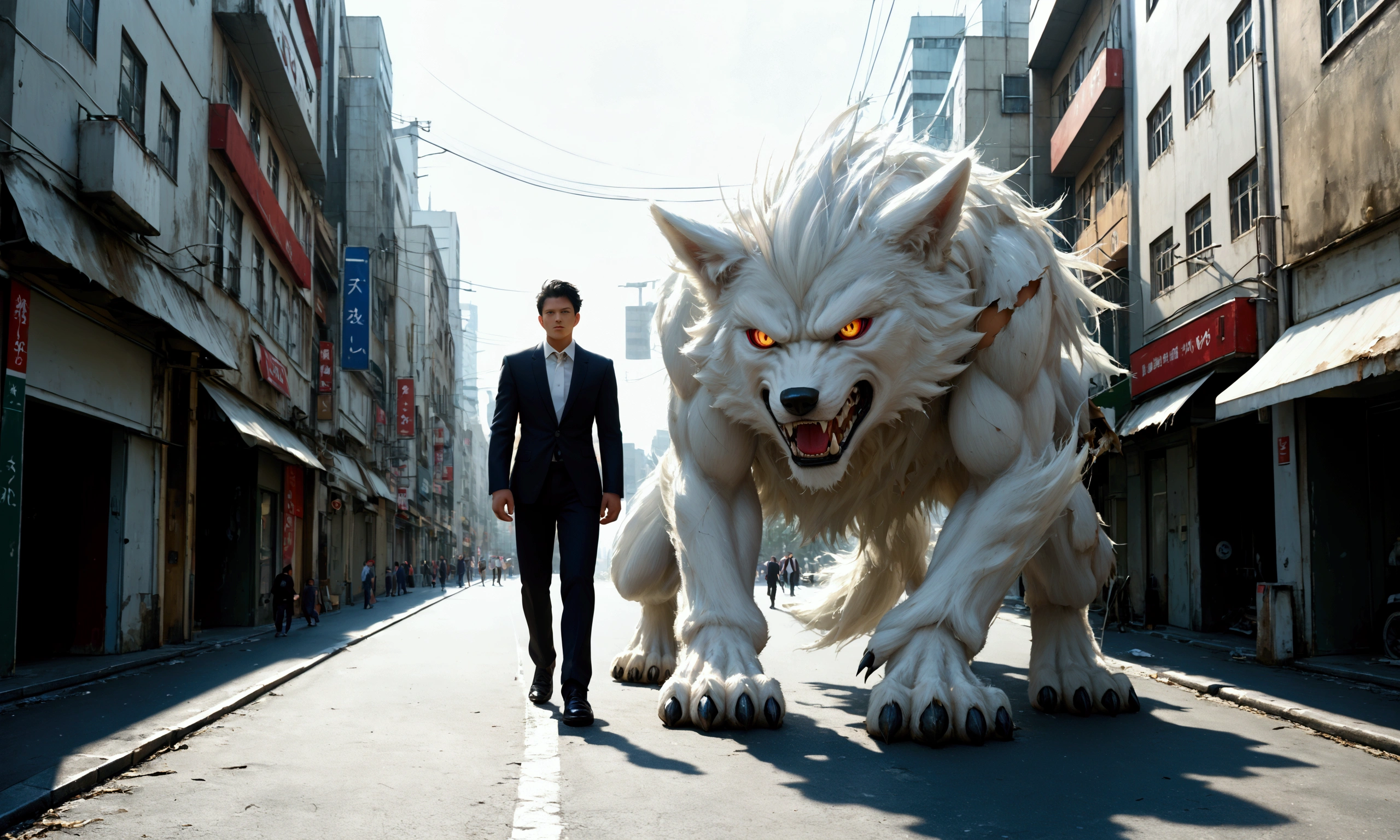 A (giant, white wolf monster) snarls at a Gundam, they are the same height, damaged streets of Neo Tokyo