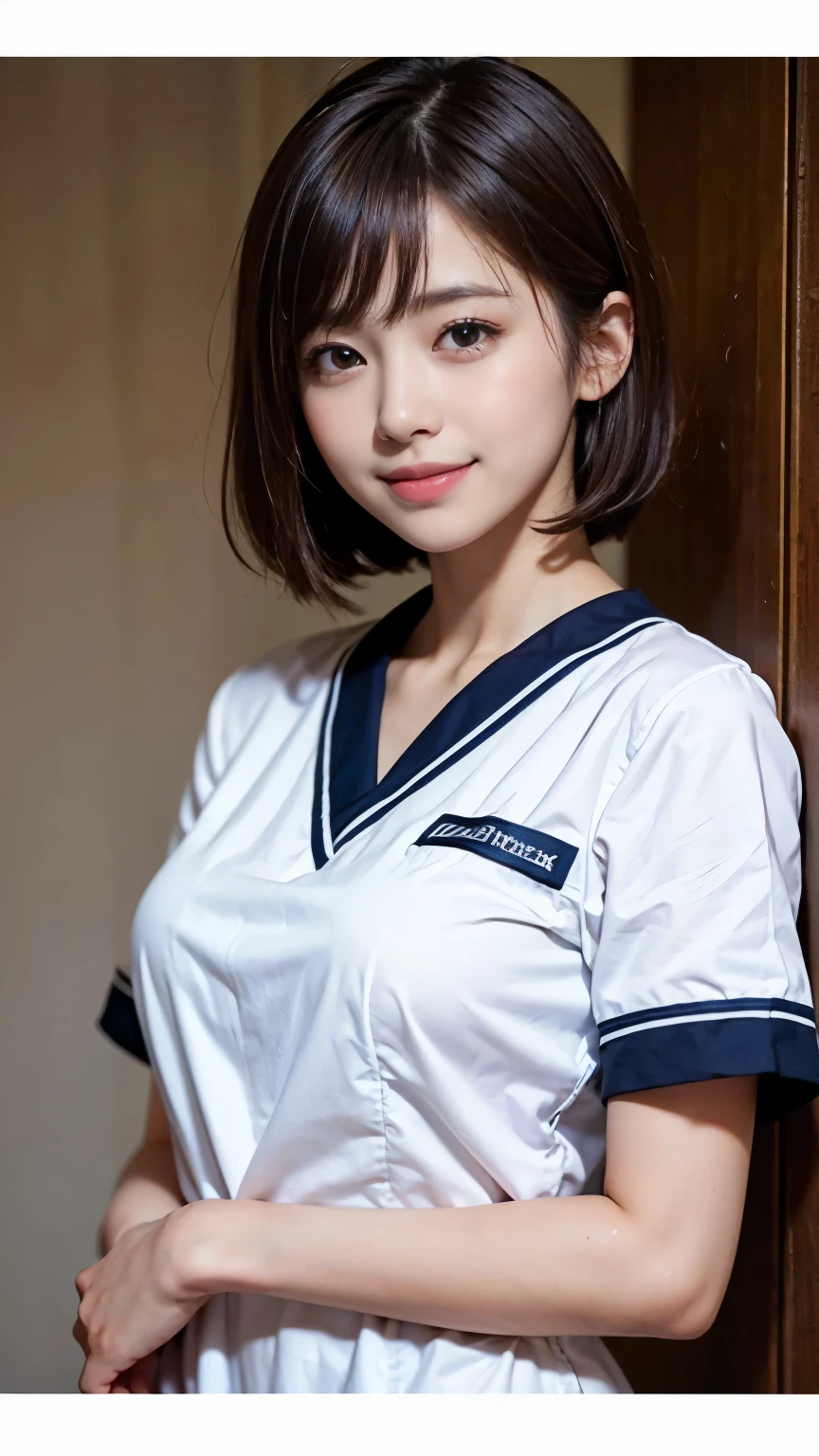 highest quality、professional writing、Detailed workmanship、(anatomically perfect:1.3), high resolution、(8K, High resolution:1.2)、(RAW photo, photorealistic:1.3)、masterpiece、slender body shape、high definition face、Face is in focus、high definition eyes、(Focused, symmetrical pupils:1.2)、High-definition and beautiful skin、firm skin、natural makeup、gross lip, High-definition hair texture, cute, japanese woman、unparalleled beauty、17 years old、short hair, nurse、nurse break (White nursing uniform、white nurse uniform:1.3) break (lying on one’s back:1.3), (hugging one’s chest tightly with arm:1.3), very cute, (very embarrassed:1.3), (blush:1.3), (afraid:1.3), (looking at camera:1.3), cleavage, nipples、nsfw, multiple angles:1.3