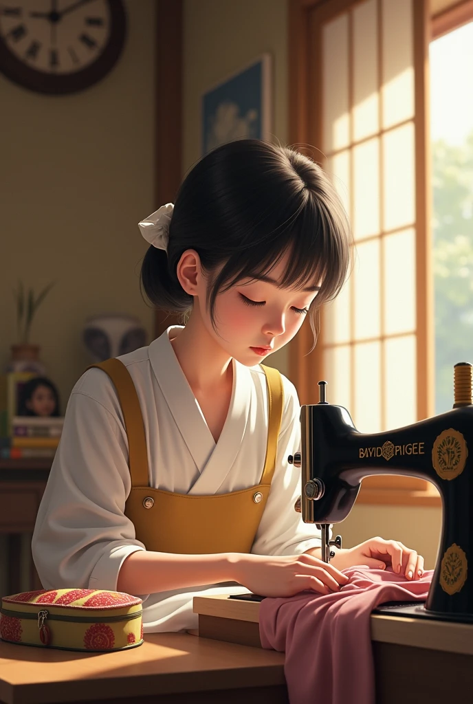 The image of a little girl sewing on a sewing machine, lovely digital painting, author:Yu Zheding, Realistic cute girl painting, author:Qu Leilei, adorable digital art, Cute detailed digital art, By Li Song, Beautiful digital artwork, Chinese girl, amazing craftsmanship, Amazing digital art, beautiful craftsmanship, author:Qiu Ying, Exquisite digital illustration