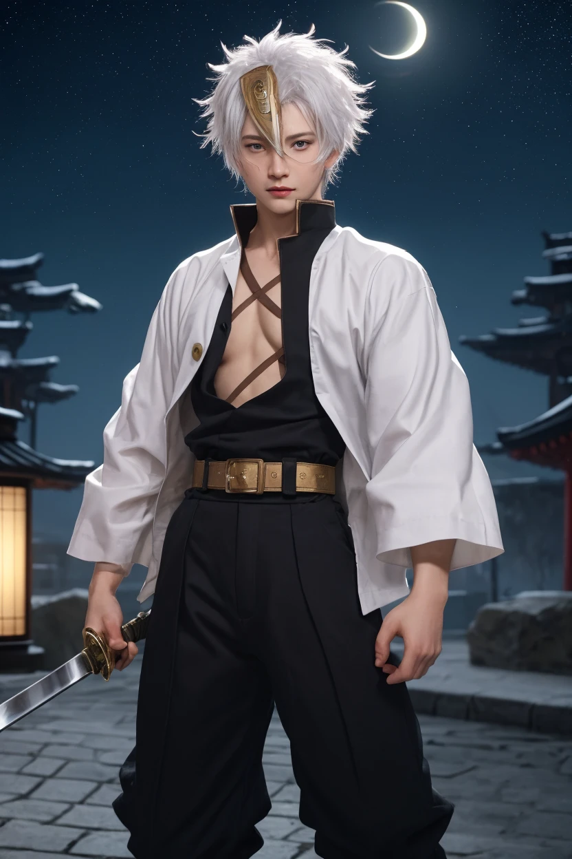 Best quality, ultra high resolution, ultra-detailed,realistic,18 years old,boy,8k,Luffy,one piece,White flame hair,Luffy gear 5, Korean boy face,Naruto hair,white hair,hair up,