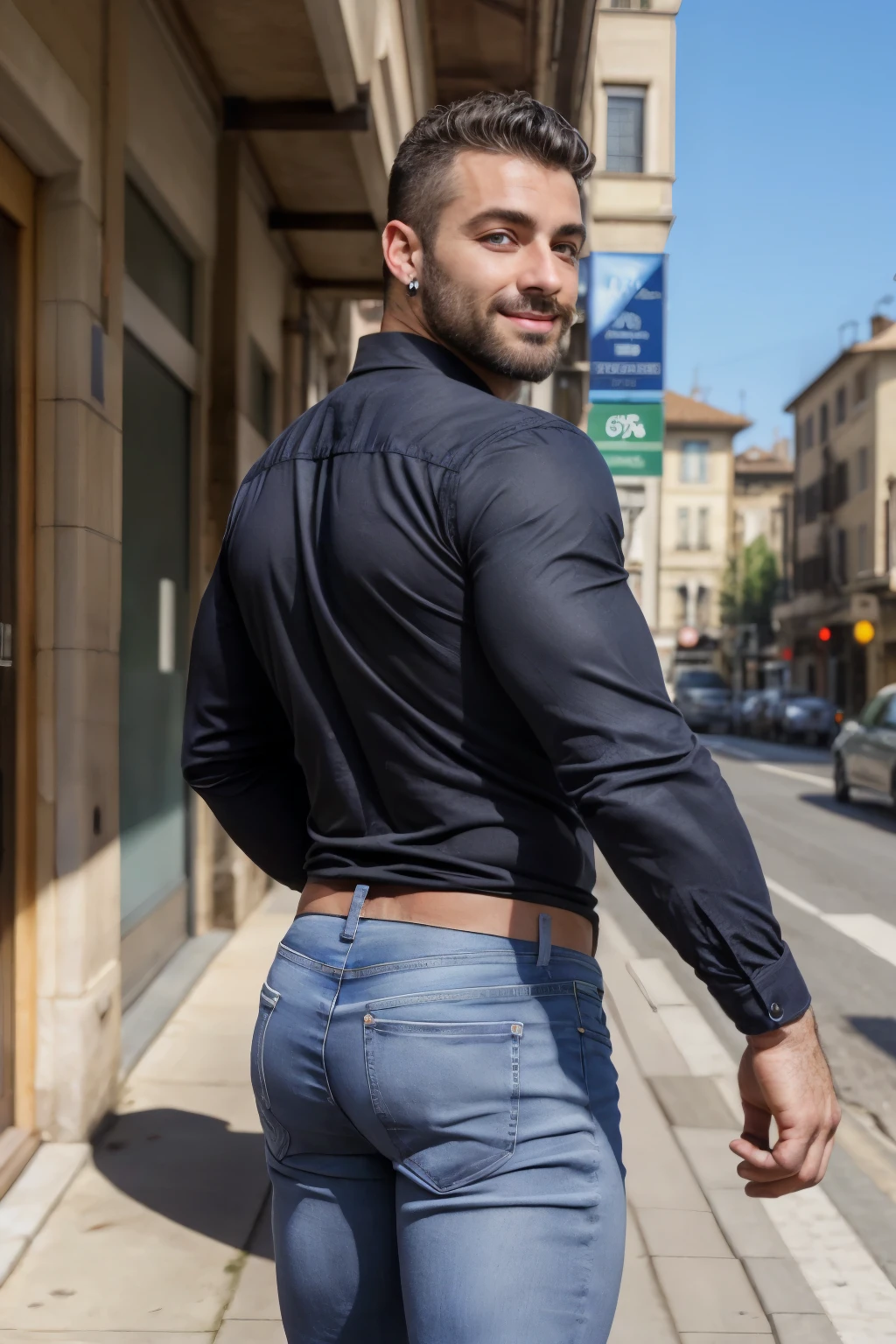 An Athletic hunk man with very short hair, vintage lingerie, glossy stockings, bra, very high stiletto heels with pointy toes, earrings, bra ,nylons and makeup, tight jeans
