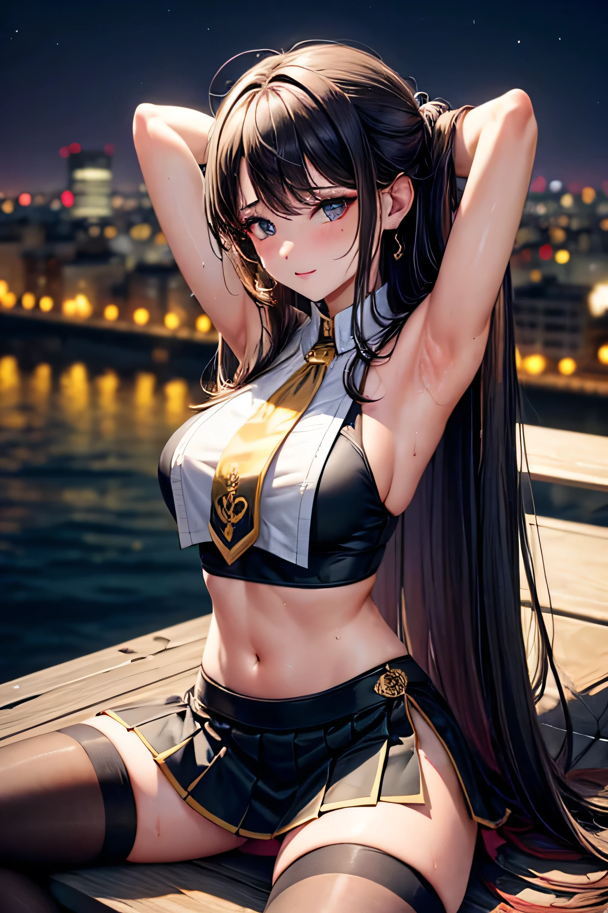 ((masterpiece,High resolution,Highest quality,8k)) Ishtar, BREAK, female, dark hair, red eyes, BREAK, small breasts, slender, bare collarbone BREAK: (little black dress), (bare arms), (bare shoulders), BREAK: posing haughtily, condescending look