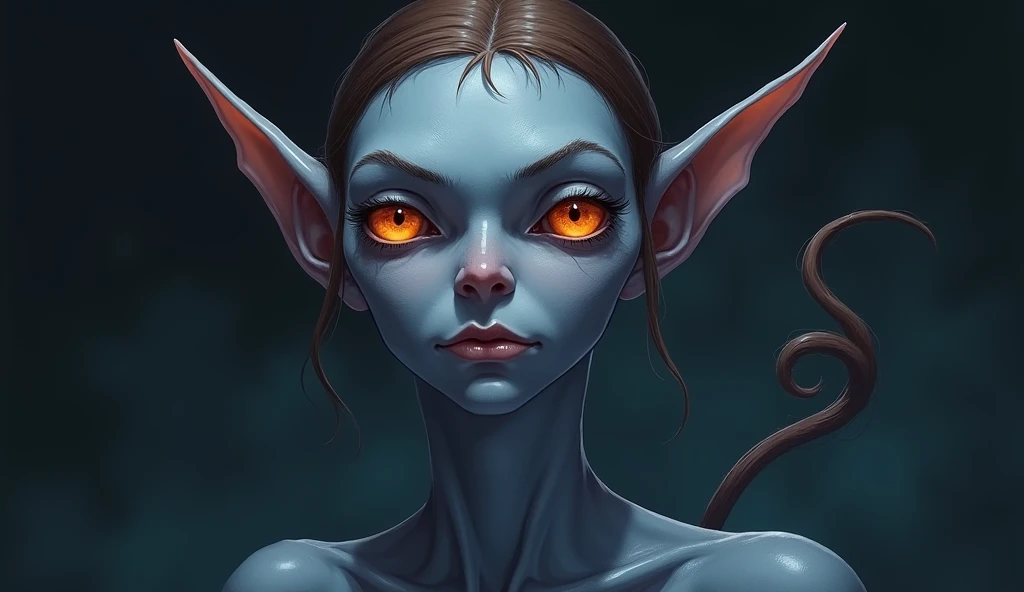An illustrated movie poster, hand-drawn, full color, a young drow woman, drow elf, wearing a silk chemise, blue skin, blue complexion, pointy elf ears, ruby eyes, dark hair, shaggy bob, posing like a model, hard shadows, graphite shading, stencil marks, airbrushed acrylic paint, masterpiece, in the style of Rockstar Games