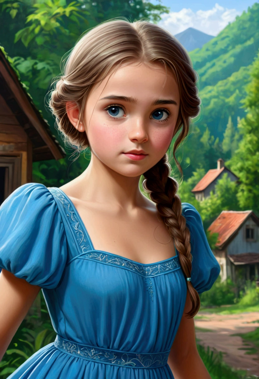 Draw a young girl in a blue dress. In the background, a small town surrounded by dense forests.