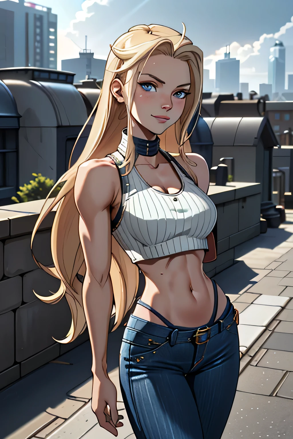 solo, human, middle-aged, female, curvy,((fair skin,light skin, human woman)), (blonde hair), black pupils, green eyes, jean shorts, earrings, white shirt, detailed lips, detailed face, detailed eyes, white tanktop, necklace, black tank top, black shorts, sneakers, (muscular:0.4), cyberpunk Streets, (by null-ghost,by raccoon21, masterpiece, high quality, hi-res, 8k, hd), standing,close-view portrait, looking at viewer, night, outdoors, happy expression