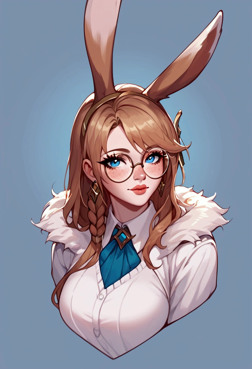 score_9, score_8_up, score_7_up, Aurora (league of legends), 1 girl, round glasses, bunny ears, blue eyes, freckles, dressed as Asuna Yuuki, sexy, full body, earrings, long eyelashes, sexy, big bust, beautiful face,