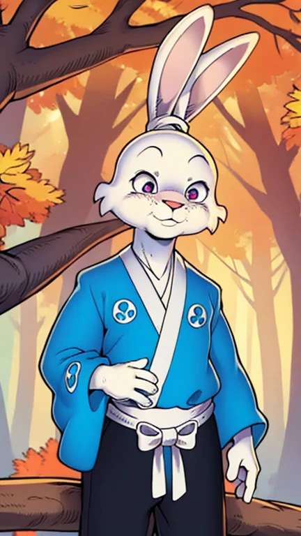 (male, solo, rabbit), highly insanely detailed, masterpiece, top quality, best quality, highres, 4k, 8k, RAW photo),((innocent look)),((Childish)),From the front, symmetrical composition,smile,cute,Innocent,Kind eyes,Flat chest,digital art Style, forest, autumn, (usagi yojimbo),front view, upper body, blue kimono, black pant