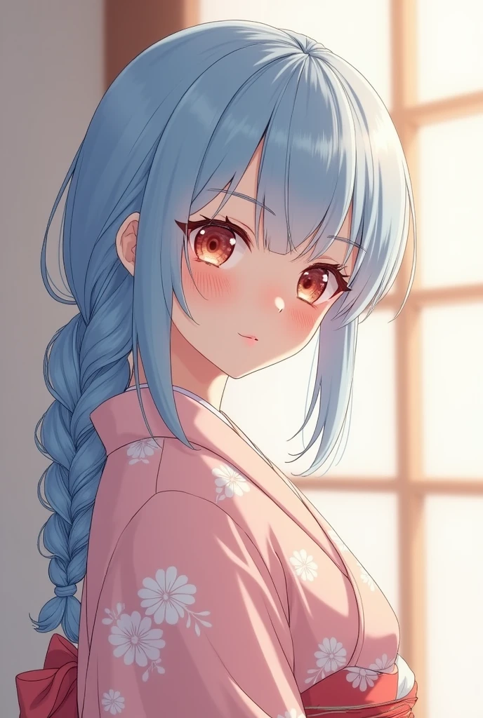 masterpiece, absurdres, vibrant, botan, solo, female, sky blue ponytial, pink eyes, oval face, medium breast:1.8, pink yukata , anatomically correct body, cowboy shot