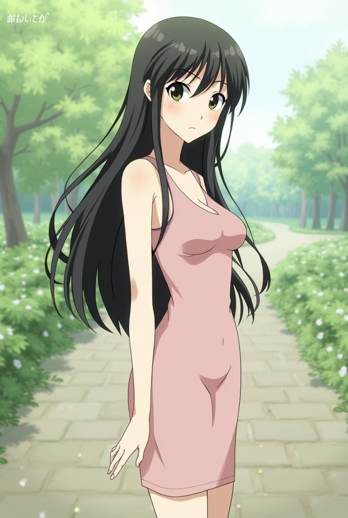 small and extremely cute girl with naked hair, green eyes, black hair, in the forest running away from a wolf without any clothing and her private parts on display