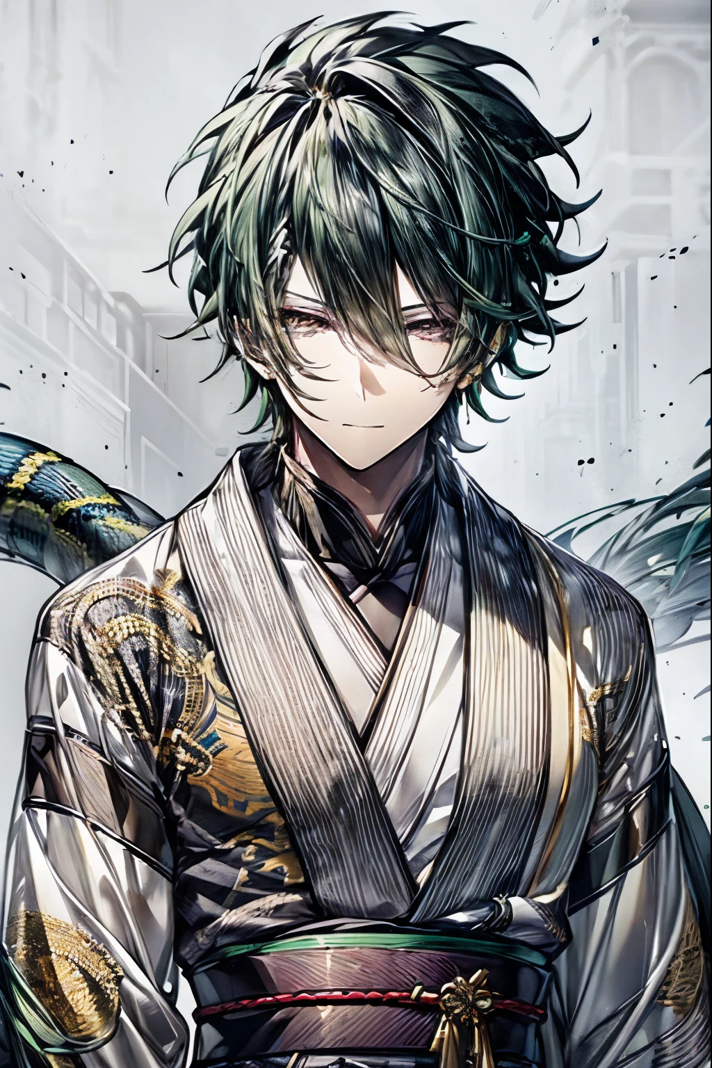 (masterpiece, best quality, perfect face, expressive eyes), 1boy, (male), green hair, yellow eyes, white kimono, snake motifs, green pattern, intricate details, detailed, adult,