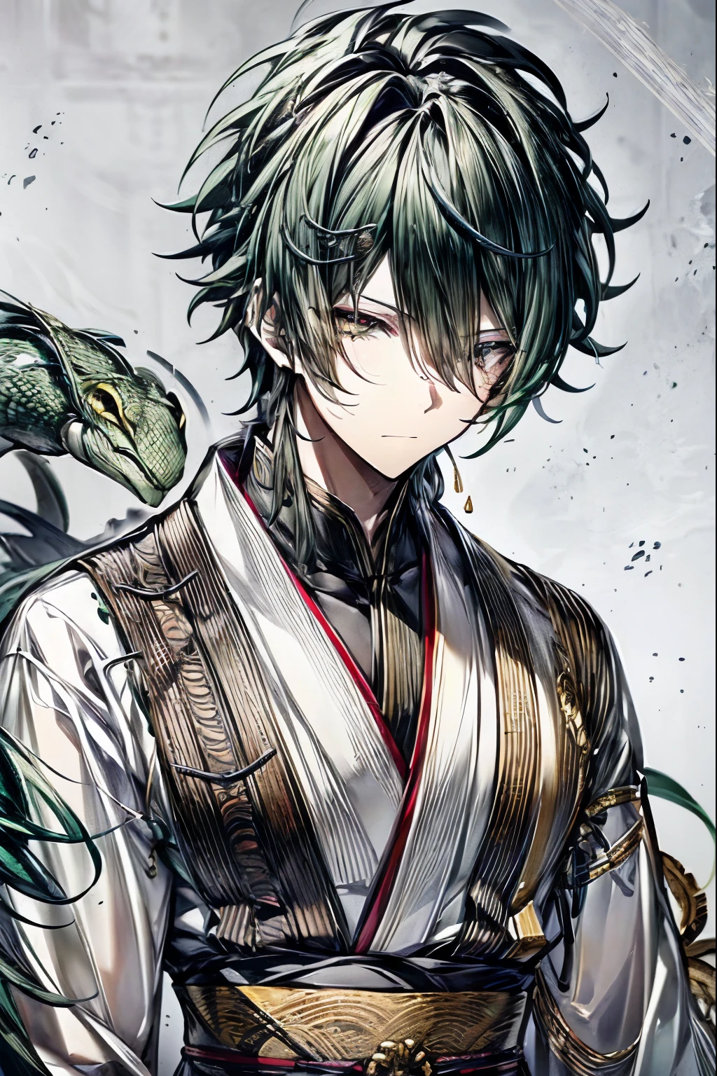 (masterpiece, best quality, perfect face, expressive eyes), 1boy, (male), green hair, yellow eyes, white kimono, snake motifs, green pattern, intricate details, detailed, adult, 