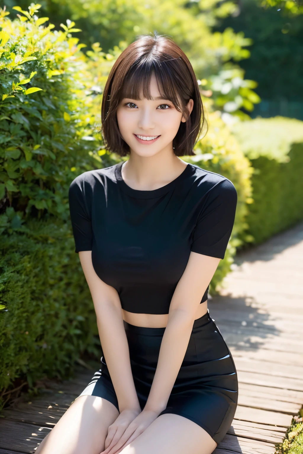 A beautiful young Japanese woman with detailed eyes, beautiful lips, and a charming smile, expressing joy and happiness, looking directly at the camera, in a high-quality, photorealistic, 8K resolution image, with a delicate and refined aesthetic, vibrant colors, and magical lighting.Highest quality, masterpiece, High resolution, Realistic, RAW Photos, 8k wallpaper, perfection, ((One beautiful woman)), 24-years-old, Sexy Woman, ((Black short sleeve T-shirt, mini skirt)), Smaller breasts, ((Looking into the camera)), Detailed face, Beautiful Eyes, ((Look forward)), (upright posture), garden, bangs, Short Bob Hair, Plump and glossy lips