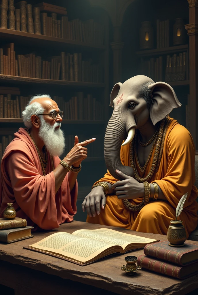 Indian god Ganesh writing book and Indian sage with heavy body and explain to him under the big tree