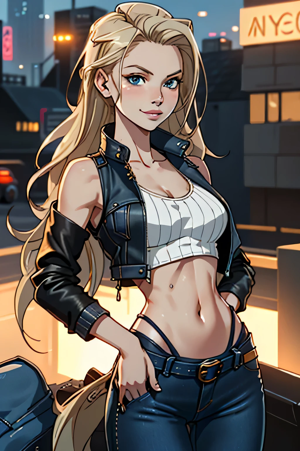 #Basics Girl posing for a photo, animeのcute少女, ((One Girl)), ((Baby Face:1.5)), ((cute:1.5)), (()),
break
#Clothing Accessories
(((Black shiny leather jacket)Under(White shirt)Wearing)) + ((Shiny black leather shorts)) + (Shiny black knee-high heel boots),
((black gemstone earrings)), (Shiny black choker),
break
#Features
((Blonde:1.2)), ((Bangs that expose the forehead:1.2)), ((Long Hair) : Curly hair + Curly Hair + Voluminous Hair),
((Big eyes:1.4)), ((blue eyes)),
(Small breasts:1.2),
(White skin),
break
#background environment
((noon, Abandoned building in the sunlight, blue sky)),
#Facial Expression Pose
((Wicked Smile:1.2) + (A condescending expression:1.2)), ((Confident、Stand Strong)),
#composition
((Angle from the front:1.2)), ((Cowboy Shot)),
break
#Body parts elements
(Slim figure),
(Symmetrical facial features),
(Detailed Hair, Beautiful Hair, Shiny Hair),
(double eyelid, Long eyelashes, Thin eyebrows:0.5),
(Detailed eyes), (Beautiful Eyes), (Sparkling eyes), Glitter Eyeliner,
(Human Ear),
(Beautiful Nose, Thin Nose),
(Glossy Lips, Beautiful Lips, Thick lips),
(Detailed skin, Textured skin, Beautiful Skin, Oily skin),
break
#quality
(((最高quality)), ((masterpiece:1.3)), ((Very detailed))), ((Ultra-high resolution)), ((16K)), ((1080P)), ((Full HD)),
((Anatomically correct)), ((Realistic)), (3DCG), ((oil)),
((comics, anime)), (CG illustration), (RAW Photos),