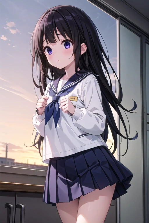 masterpiece,One Girl,,blush,sunrise,classroom,(Good luck) Clenched hands, Viewers are searching for Chitanda Eru,Shining Eyes,close,Long Hair，whole body，Sailor suit，mini skirt，whole body，Navy Blue Sailor Ribbon