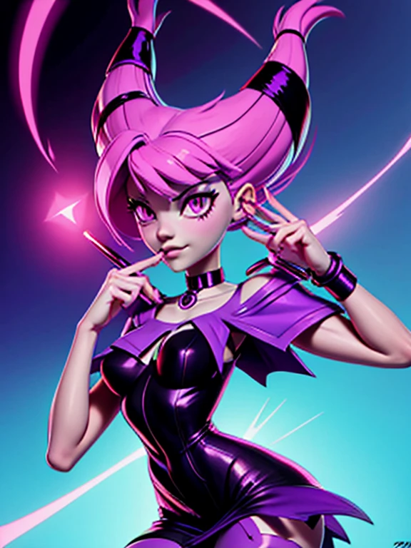 (Jinx), (teen titans), 1 garota, best qualityer, ultra detali,  super detailed illustration, detailed colors, (jinx), pink horn-shaped hair,   dress purple clothes