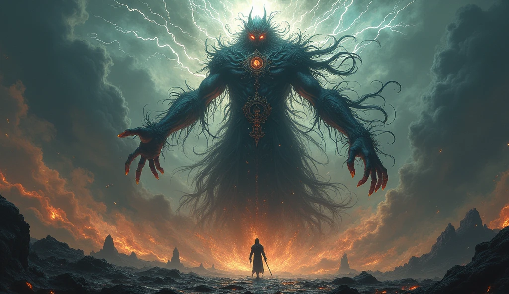 (Titan Dark God of Chaos)With fire, black smoke and lightning around with an imposing and threatening attitude