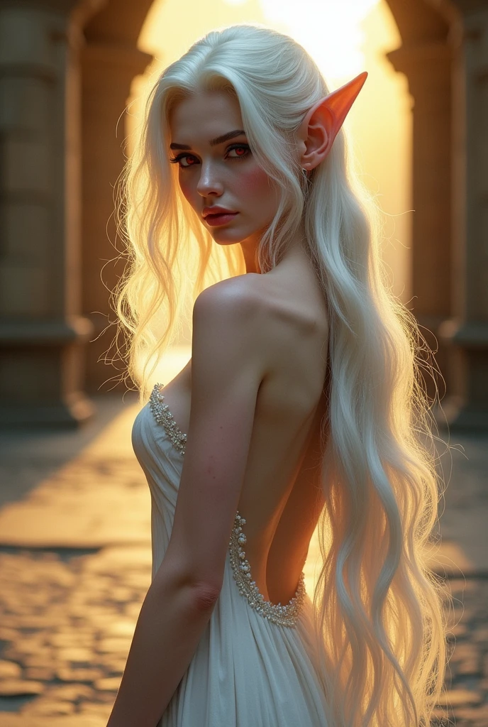 Masterpiece, a beautiful ethereal elf maiden wearing a plunging white silk robe, slender body, small breasts, a handsome man penetrating her from behind, wet skin, wet hair, (skin texture:1.1), best quality, ultra high res, digital art, realisitc, aroused expression, his erect penis penetrating her vagina