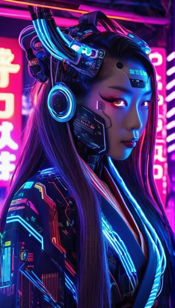 High technology, futuristic, cyborg girl, (photorealistic:1.4), long hair made of cables, robotic, lots of computer cables in the bacground, ultra high res, uhd, 8k, neon lights, japanese culture, kimono, jspanese demon, vue de loin