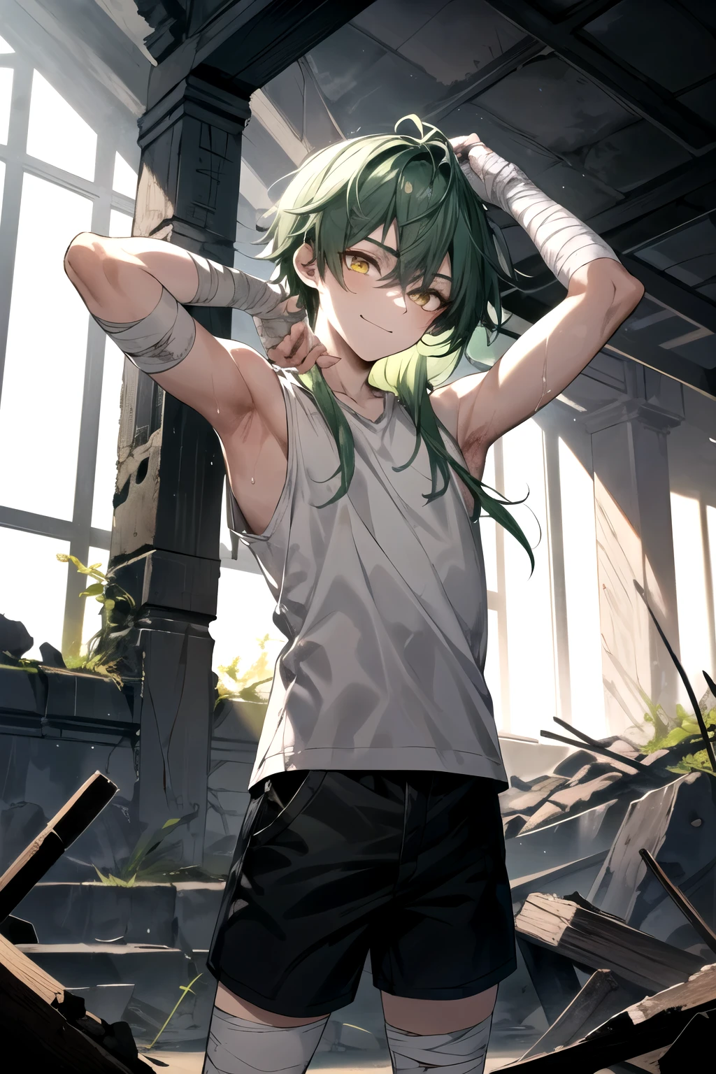 Top quality, masterpiece, high resolution, 1 boy, male, slender, solo, upper body, blush, cat ears, (short hair in green), big green eyes, about 15 years old, tattoo, black tank top, raining, wet
