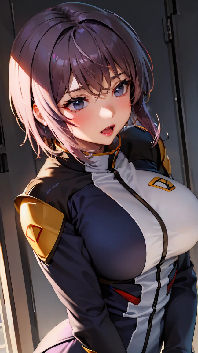 anime「Gundam SEED Freedom」Detailed illustration of a female pilot。she「azimuth magnetic needle」I belong、((Light purple hair、short hair:1.6))。she動きやすいようにデザインされた、He is wearing a futuristic and stylish pilot suit.。This suit has a very technical look.、Mr..々There is a panel、sheヘルメットを腕に抱えています。His expression was calm and determined..、それはsheの経験とスキルを反映している.。The background is reminiscent of a high-tech hangar or a space battlefield..。The overall style is consistent with the aesthetics of the Gundam SEED series..、Pay attention to the details of the suit design and character features.。(Big Breasts:1.4)