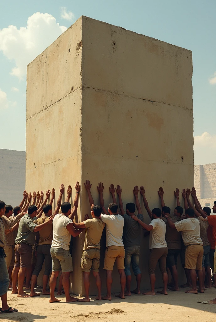 There is a brick wall separating two groups of people praying. aerial view. On the left side, evangelical women praying dressed standing, facing the wall. on the right side, strong, bearded Iranian men in underwear and Islamic headdresses kneeling in prayer, also facing the wall.