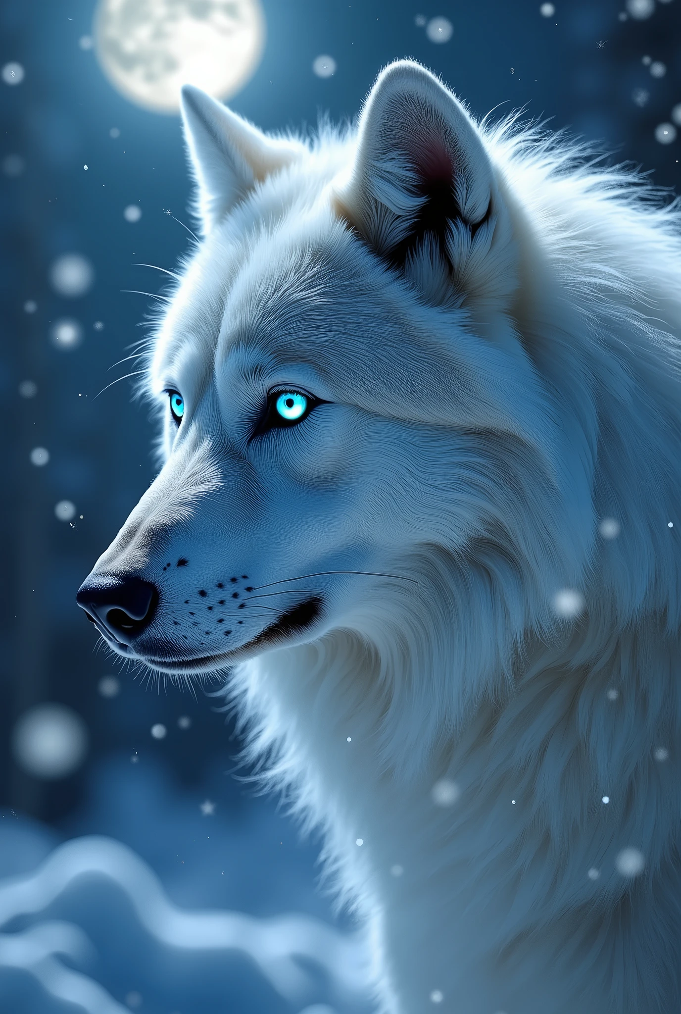 headshot photography of a celestial white wolf from side in the snow fall, head focus, he has glowing blue eyes, set at night, detailed fur, detailed eyes, dramatic lighting