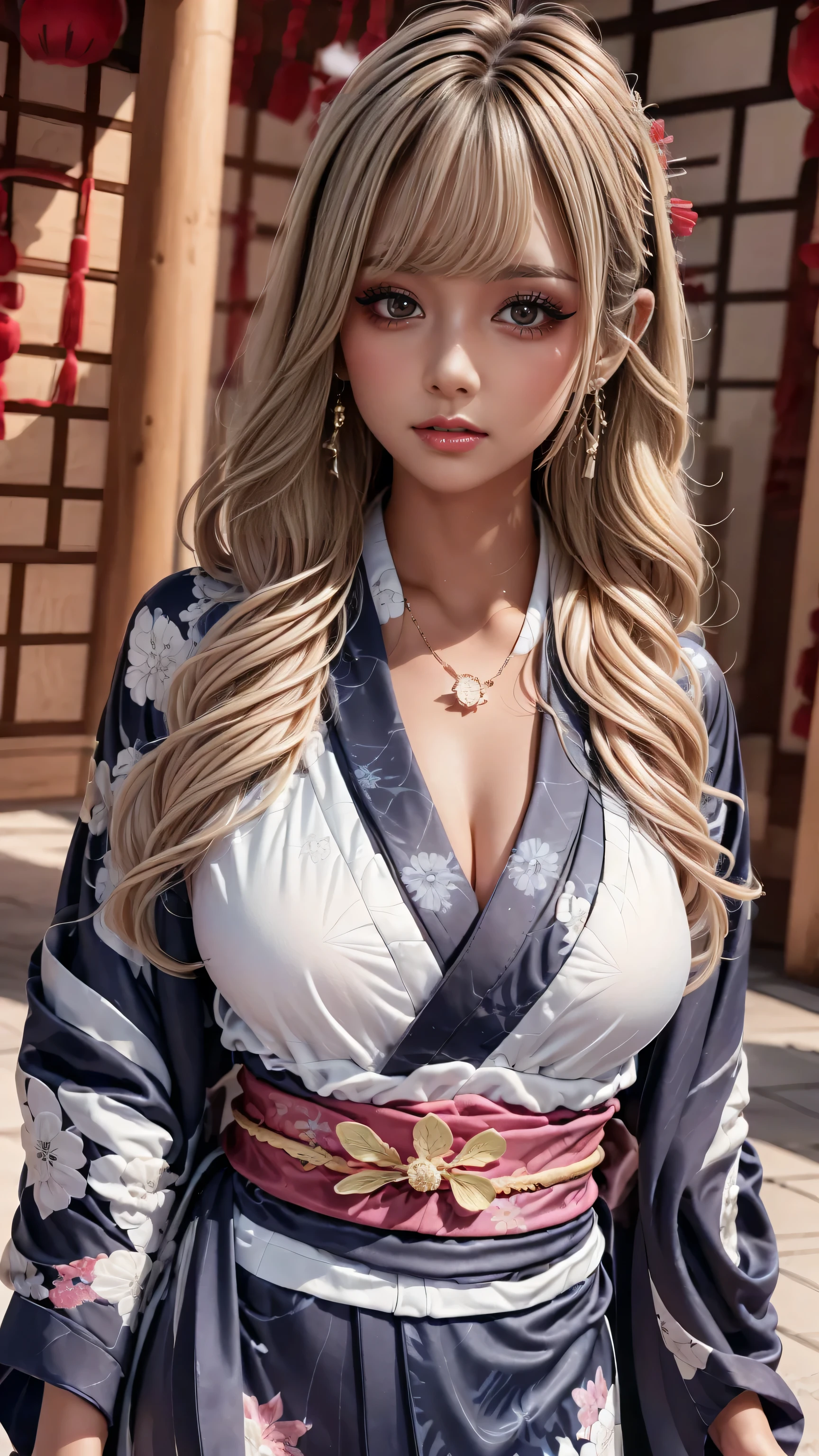 Perfect natural light、8K High Resolution、High resolution、Beautiful woman、masterpiece、Gravure image quality、Light hair color、Yukata、Beautiful Mature Woman、Fanning with a fan