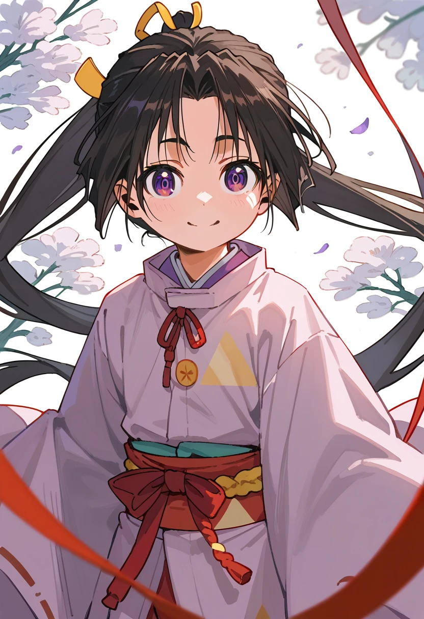 anime,cute,small,tokiyuki,One person,alone, purple_eye, black_hair, kimono, red_ribbon,red面,smile,white_kimono