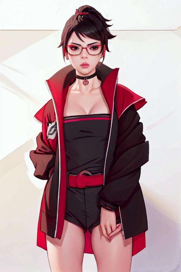 (highres,masterpiece:1.2),ultra-detailed,realistic,professional,beautiful detailed eyes,beautiful detailed lips,dark hair,short black hair,red glasses,stunning black eyes,clear skin,1 girl,fashionable short hairstyle,vibrant red glasses,Shinobi Academy,fierce determination,confident posture,crimson outfit,intense gaze,background filled with ninjutsu techniques,shadows cleverly accentuating her features,subtle studio lighting,sublime realism,striking color tones,perfect Quality,after sex,Alluring、Completely naked、There's semen on my face、Completely naked、after rape、after rape,