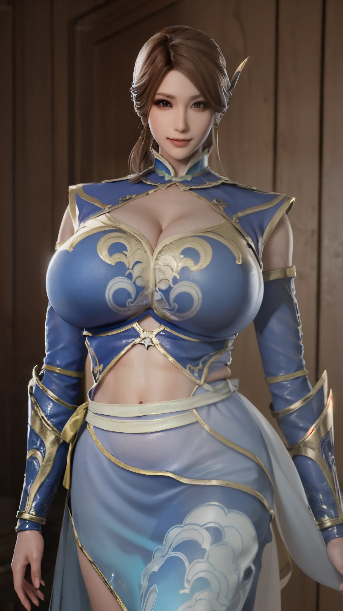 CLOSE UP UPPER BODY,solo, COWBOY SHOT, (GIGANTIC FAKE BREASTS,CLEAVAGE TOP,11 LINE ABS:1.5), ((WEARING OUTFIT Dynasty Warriors 8 DRESS:1.5)), (MUSCULAR BODY SHAPE:1.5), (CLEAN GLOSSY BODYSKIN:1.5), (LOOKING AT VIEWER:1.6), (BACKGROUND FUTURISTIC SPACE STATION:1), (Photorealsitic:1.4), (Ultra-detail), (TOP-QUALITY), (BEST SHADOWS), BRIGHT LIGHT IN ROOM, HYPER TEXTURE, (4X MSAA), ((UNREAL ENGINE 5 RENDER)), (NEON), PHYSICALLY-BASED RENDERING, ULTRA HIGHT DEFINITION, 16K, 1080P.