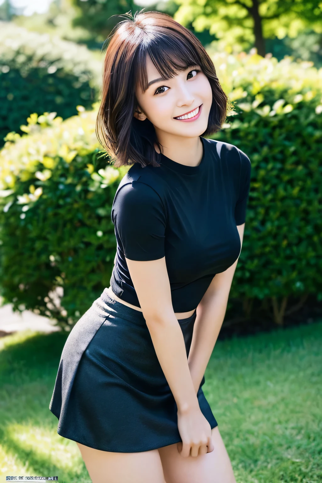 A beautiful young Japanese woman with detailed eyes, beautiful lips, and a charming smile, expressing joy and happiness, looking directly at the camera, in a high-quality, photorealistic, 8K resolution image, with a delicate and refined aesthetic, vibrant colors, and magical lighting.Highest quality, masterpiece, High resolution, Realistic, RAW Photos, 8k wallpaper, perfection, ((One beautiful woman)), 24-years-old, Sexy Woman, ((Black short sleeve T-shirt, mini skirt)), Shapely breasts, ((Looking into the camera)), Detailed face, Beautiful Eyes, ((Look forward)), (upright posture), garden, bangs, Short Bob Hair, Plump and glossy lips