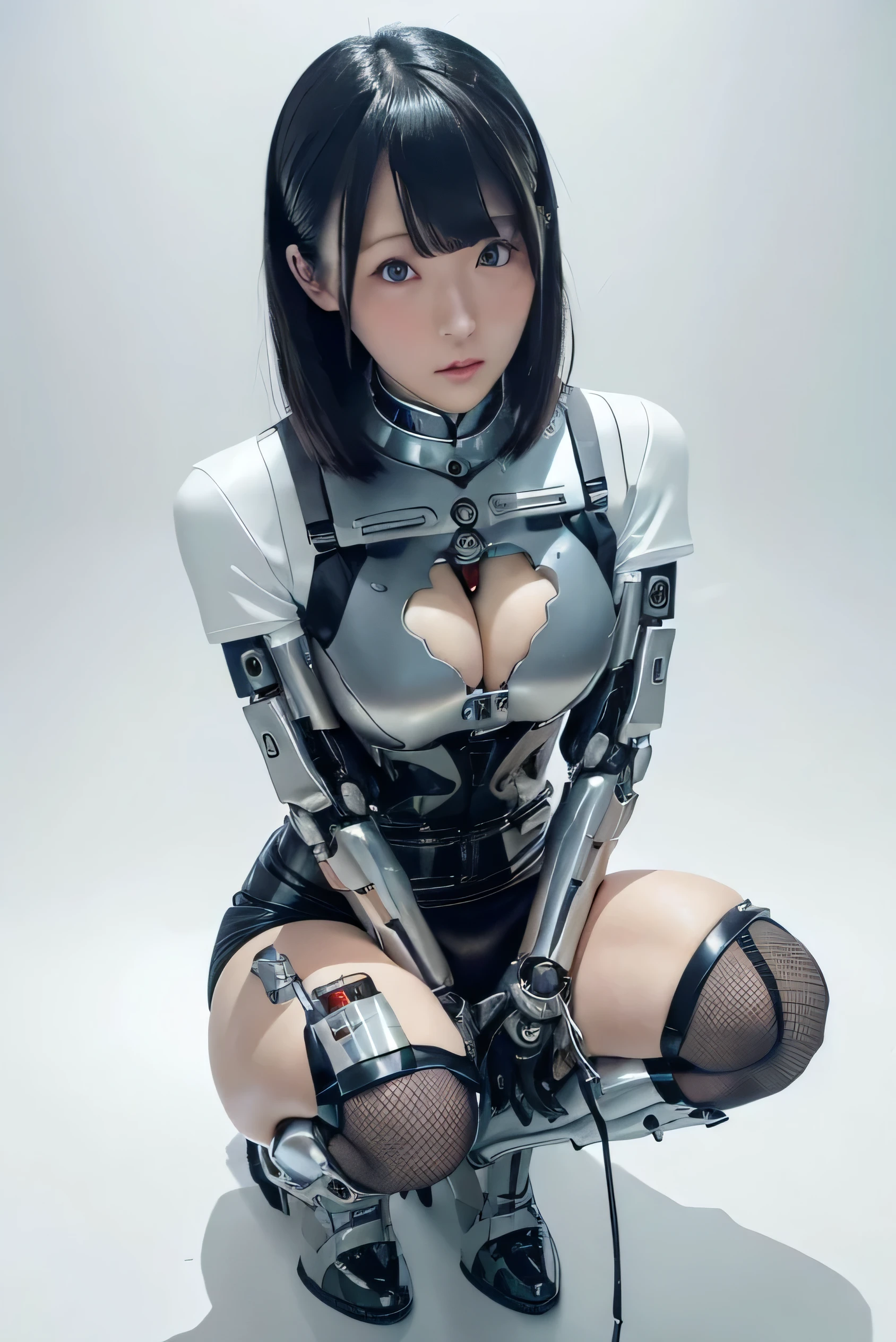 (photorealistic:1.4), (RAW photo)masterpiece, best quality, extremely detailed, (8K, 4K, Best Quality, hight resolution, 超A high resolution:1.1), (masutepiece, Realistic, Photorealsitic:1.1)Japanese android woman,Plump , announcer,control panels,activate,Squat,android,droid,Mechanical Hand,Robot arms and legs, Black Robot Parts,black hair,darkblack knee high socks,black sponge joints,blunt bangs,white robot body,ceramic body,leather boots,perfect cyborg girl
