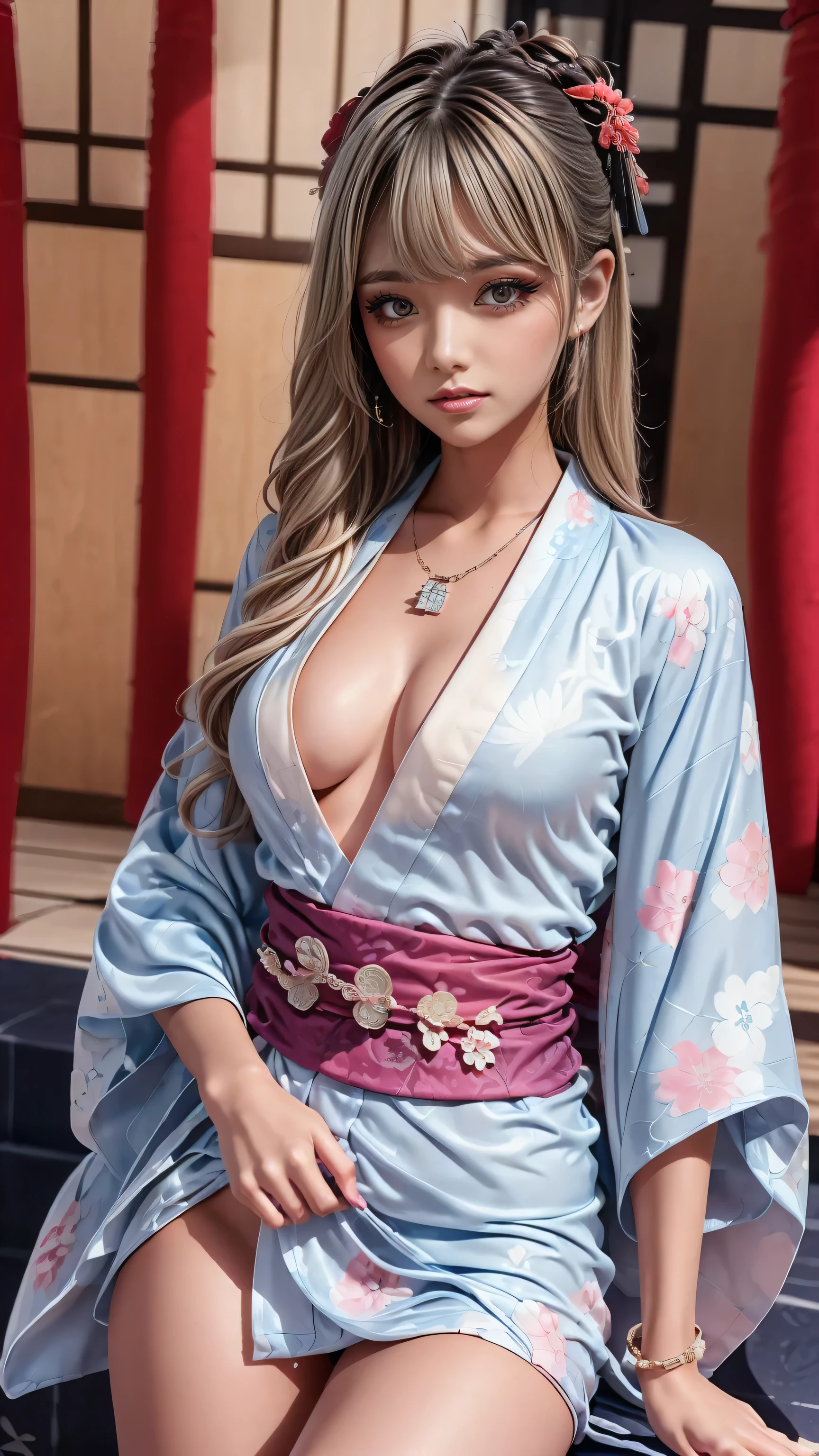 masterpiece, super detail, absurdity,  One woman、tall, glamorou, 20-year-old, cute face,, big chest, 1.4, Japanese-style room, a bright yukata、disheveled clothes, silver  hair、pale skin, shiny skin:1.3, tall, glamorou, 20-year-old, cute face,show one's breast、 vibrant colors,