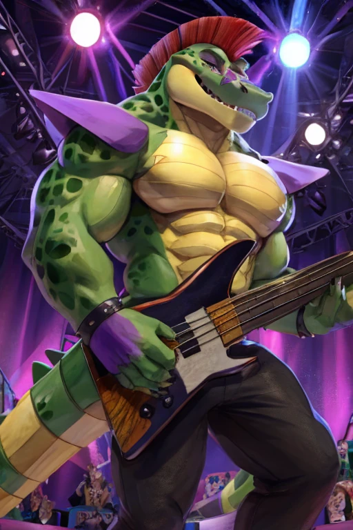 Montgomery Gator playing an electric bass on stage 