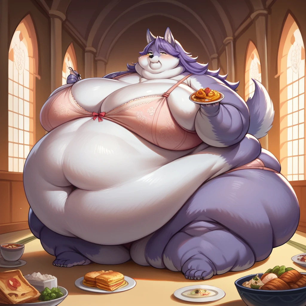 ((Highest quality)),((High quality illustrations)),(masterpiece),((Overweight)),(gluttony),(Very fat and puffy chin, cheeks and face),(Inside the castle),sexy,Very thick neck,(A very large, fat, round belly that is pure white),A large amount of fat body filling up almost the entire area.,A triangular body shape with a mountain of excess fat,((super gigantic breasts)),Purple Wolf,long hair,hair,goddess,kemono,((Costume)),((bra)),Eat a lot of food,Food in the mouth,It feels good