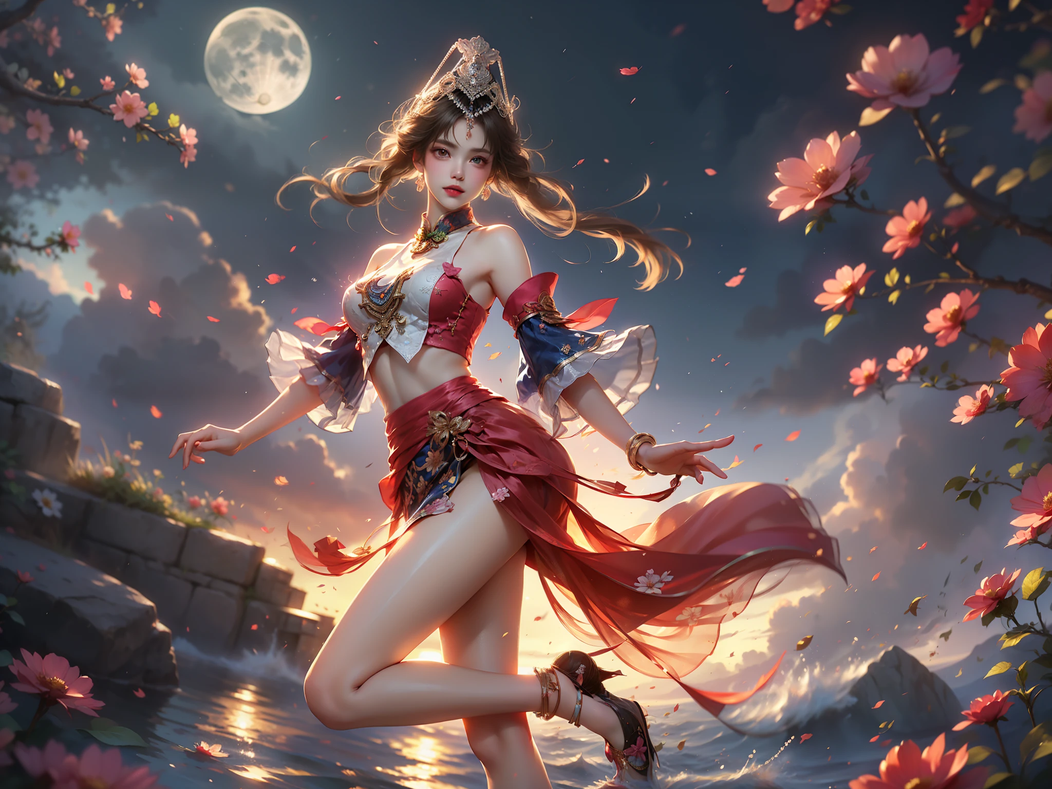 guqinghan,fhz,
hat,hair ornament,has tassel, chinese clothes, traditional clothes, bare shoulders,dress, detached sleeves, jewelry, print clothes, (High quality details), 1 Girl, solo, Young women, Elegant Posture, ((night, moonlight)), (Female figure,Lie flat in the water,Relaxed expression), (Focus on natural body posture and correct anatomy:1.3), (Perfect leg proportions:1.3),(True and accurate leg shape:1.2), ((Natural leg position)), The skirt is very short, One hand stroked the hem of the skirt, Lift the hem of the skirt, Bare shoulders, Natural posture, Soft expression, Exquisite makeup, Soft blush, Bright Eyes, Soft lips, Flower fairy style, ((Anatomically accurate)), (Real natural legs), Smooth skin, Soft lighting, high resolution, 8K Ultra HD, Clear focus, Professional photography effects, Random elegant scenes, Multi-angle shooting