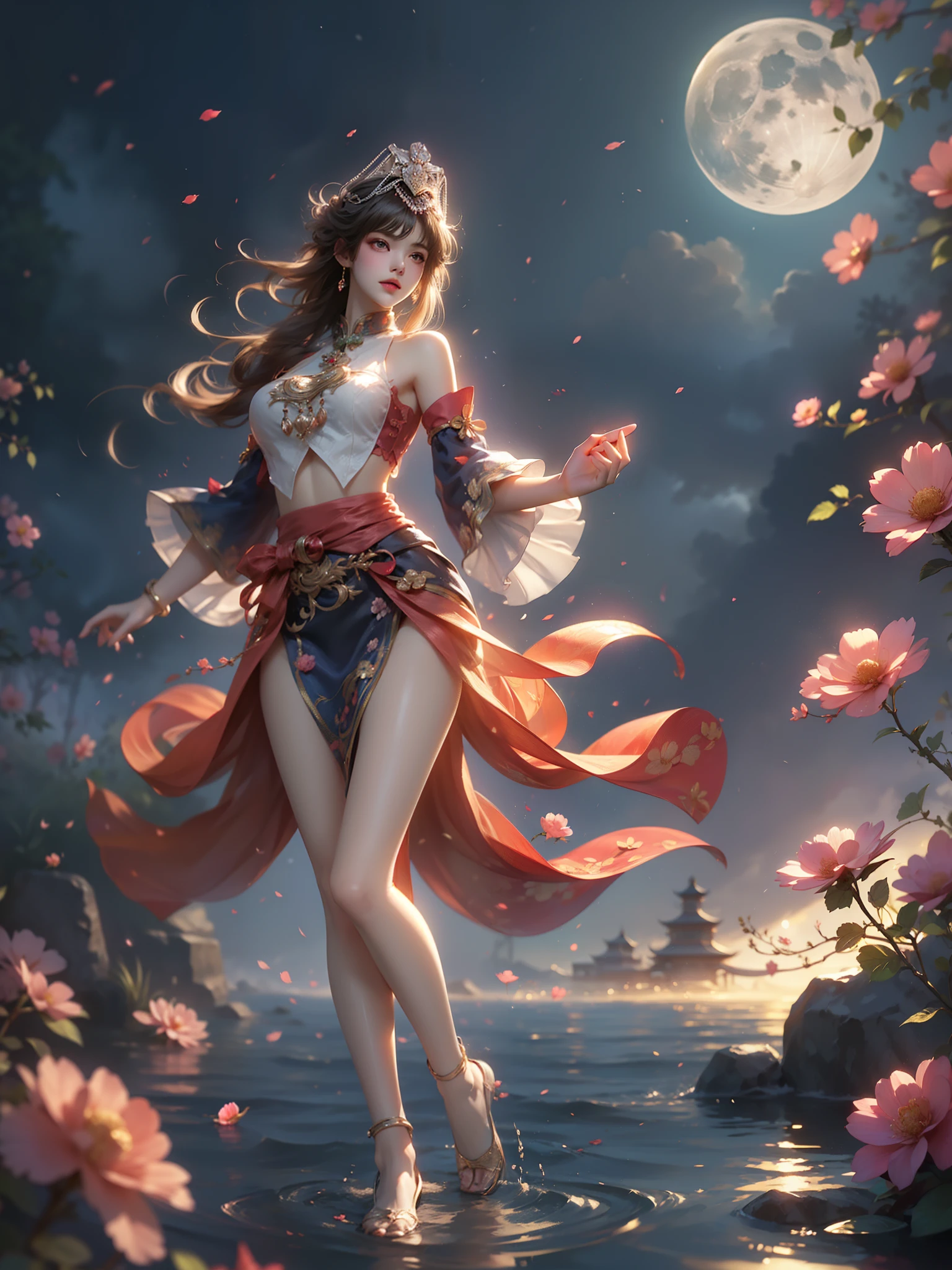 guqinghan,fhz,
hat,hair ornament,has tassel, chinese clothes, traditional clothes, bare shoulders,dress, detached sleeves, jewelry, print clothes, (High quality details), 1 Girl, solo, Young women, Elegant Posture, ((night, moonlight)), (Female figure,Lie flat in the water,Relaxed expression), (Focus on natural body posture and correct anatomy:1.3), (Perfect leg proportions:1.3),(True and accurate leg shape:1.2), ((Natural leg position)), The skirt is very short, One hand stroked the hem of the skirt, Lift the hem of the skirt, Bare shoulders, Natural posture, Soft expression, Exquisite makeup, Soft blush, Bright Eyes, Soft lips, Flower fairy style, ((Anatomically accurate)), (Real natural legs), Smooth skin, Soft lighting, high resolution, 8K Ultra HD, Clear focus, Professional photography effects, Random elegant scenes, Multi-angle shooting