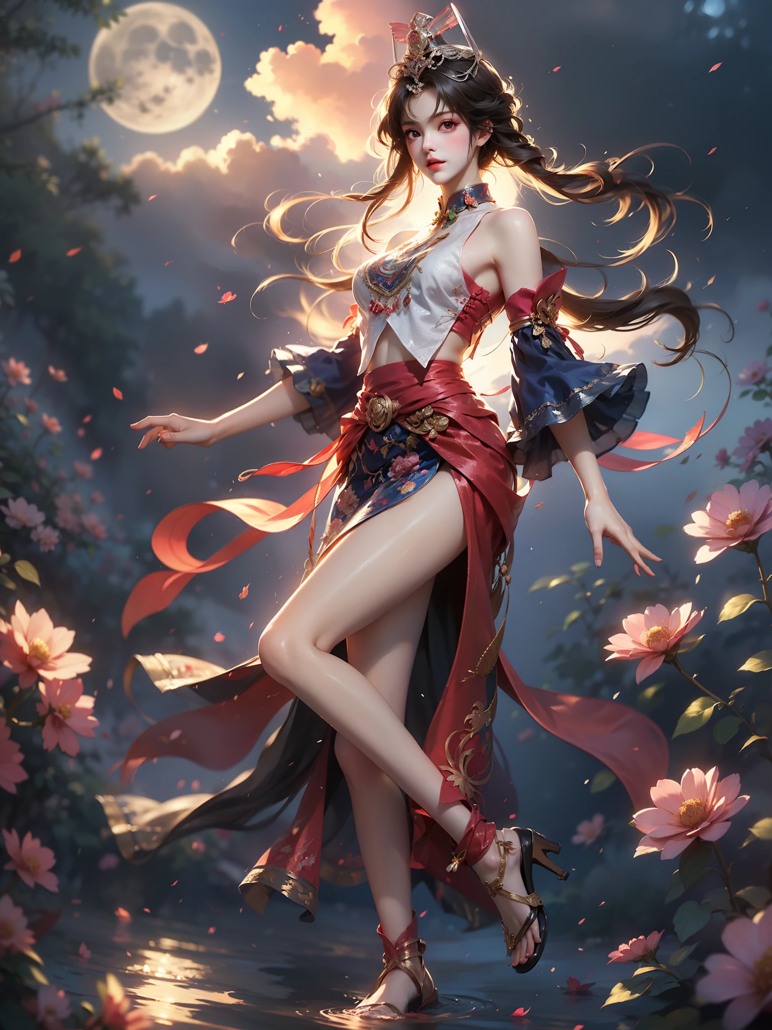 guqinghan,fhz,
hat,hair ornament,has tassel, chinese clothes, traditional clothes, bare shoulders,dress, detached sleeves, jewelry, print clothes, (High quality details), 1 Girl, solo, Young women, Elegant Posture, ((night, moonlight)), (Female figure,Lie flat in the water,Relaxed expression), (Focus on natural body posture and correct anatomy:1.3), (Perfect leg proportions:1.3),(True and accurate leg shape:1.2), ((Natural leg position)), The skirt is very short, One hand stroked the hem of the skirt, Lift the hem of the skirt, Bare shoulders, Natural posture, Soft expression, Exquisite makeup, Soft blush, Bright Eyes, Soft lips, Flower fairy style, ((Anatomically accurate)), (Real natural legs), Smooth skin, Soft lighting, high resolution, 8K Ultra HD, Clear focus, Professional photography effects, Random elegant scenes, Multi-angle shooting