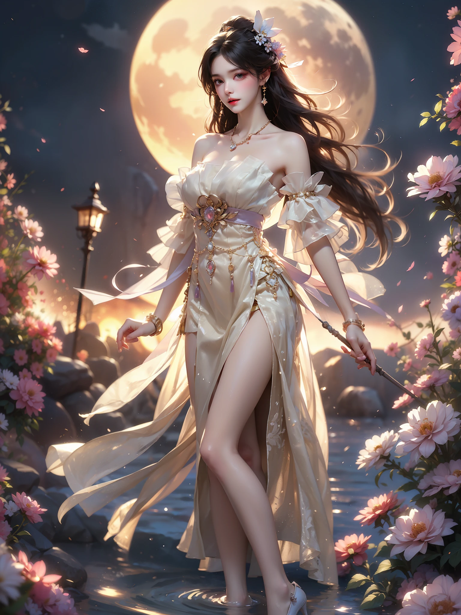 guqinghan, jrys,
high heels,bare shoulders, see-through, jewelry,strapless, collarbone, bracelet, off shoulder,earrings, bow,cleavage, tube dress, strapless dress (High quality details), 1 Girl, solo, Young women, Elegant Posture, ((night, moonlight)), (Female figure，Lie flat in the water，Relaxed expression), (Focus on natural body posture and correct anatomy:1.3), (Perfect leg proportions:1.3)，(True and accurate leg shape:1.2), ((Natural leg position)), The skirt is very short, One hand stroked the hem of the skirt, Lift the hem of the skirt, Bare shoulders, Natural posture, Soft expression, Exquisite makeup, Soft blush, Bright Eyes, Soft lips, Flower fairy style, ((Anatomically accurate)), (Real natural legs), Smooth skin, Soft lighting, high resolution, 8K Ultra HD, Clear focus, Professional photography effects, Random elegant scenes, Multi-angle shooting